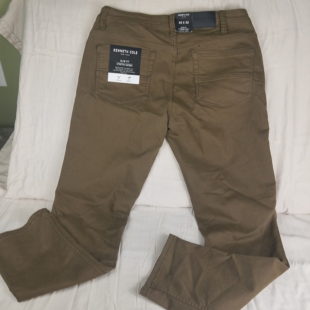 Kenneth Cole New York Mens Slim Fit Stretch Sateen Pants Brown 36x32‎ NWT